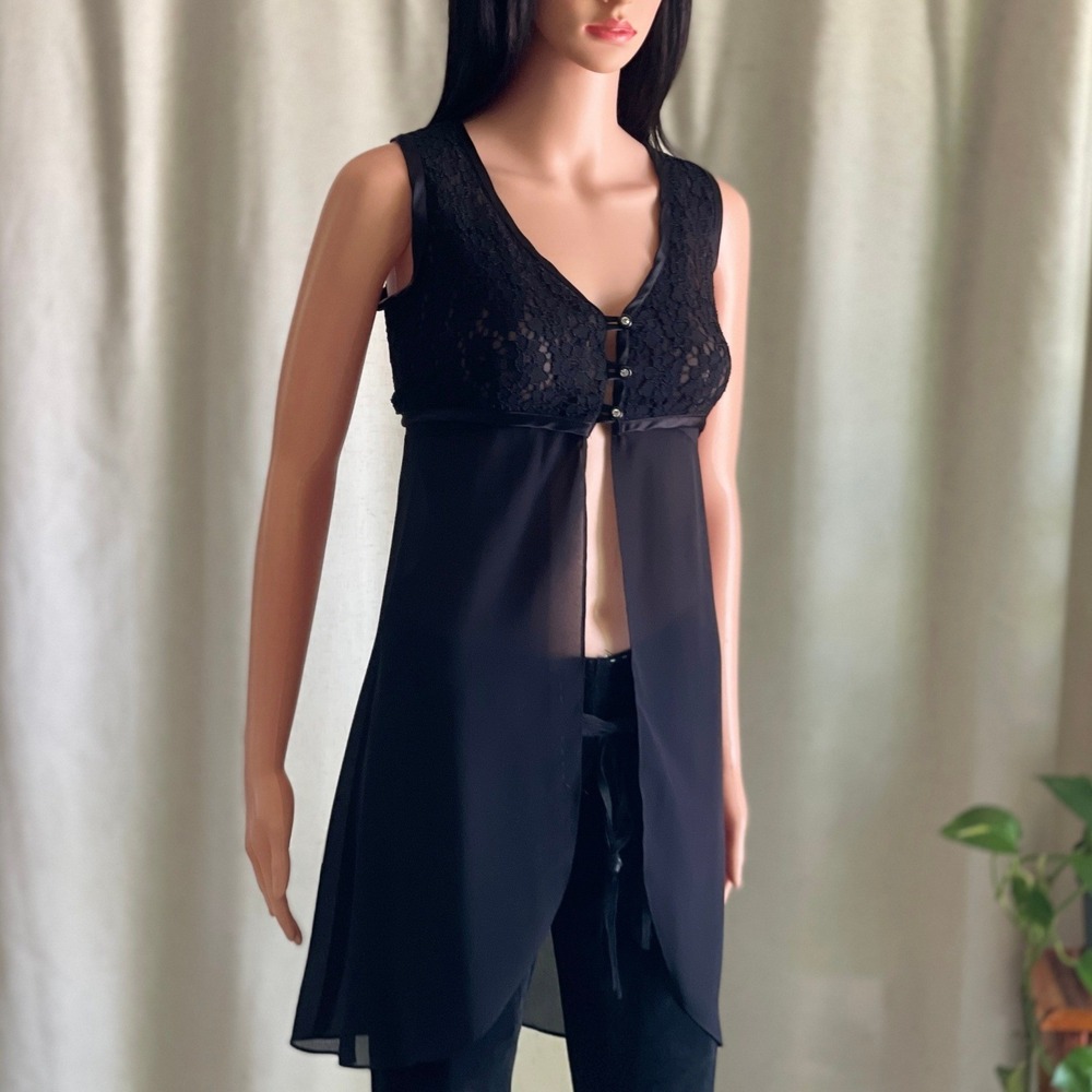 Vtg 90s Black Lace Chiffon Split Front Babydoll Tunic Top Whimsigoth Gothic S